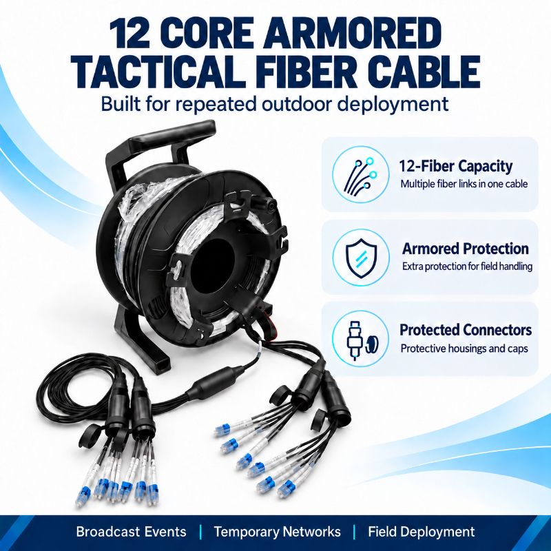 LC to LC 12 Core TPU Tactical Fiber Optic Cable Assembly with Reel|Rugged Field Deployable Fiber