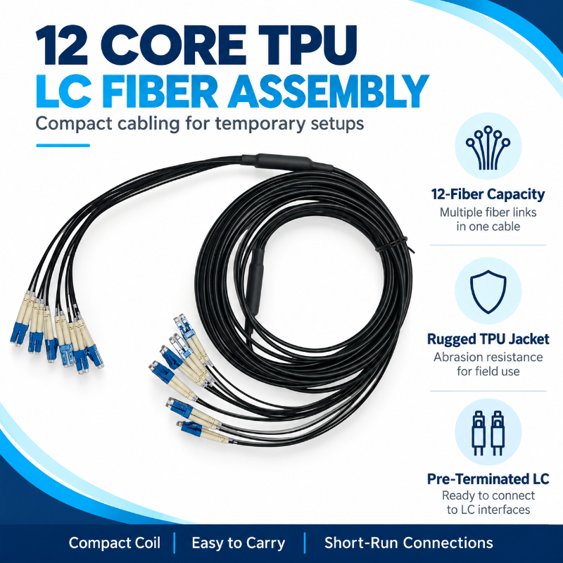 12-fiber LC to LC outdoor armored tactical fiber optic patch cord with TPU jacket