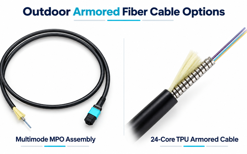 24-core outdoor armored MPO MTP trunk cable assembly with TPU jacket for field deployment