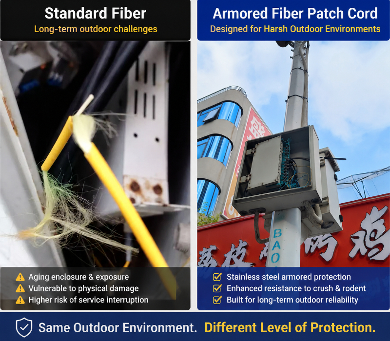 Comparison of standard fiber cable damage and armored fiber patch cord use at an outdoor equipment cabinet